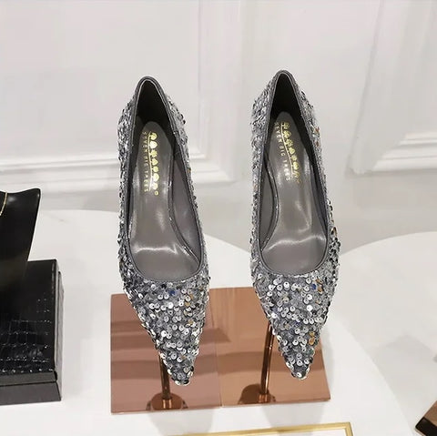 New Sequins Pumps Sexy Pointed Toe kitten Mule Tacones Mujer Heels CODE: KAR3258