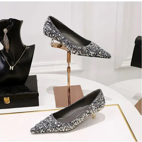 New Sequins Pumps Sexy Pointed Toe kitten Mule Tacones Mujer Heels CODE: KAR3258