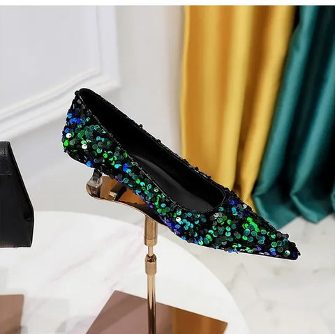 New Sequins Pumps Sexy Pointed Toe kitten Mule Tacones Mujer Heels CODE: KAR3258