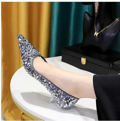 New Sequins Pumps Sexy Pointed Toe kitten Mule Tacones Mujer Heels CODE: KAR3258