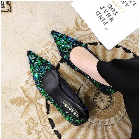 New Sequins Pumps Sexy Pointed Toe kitten Mule Tacones Mujer Heels CODE: KAR3258