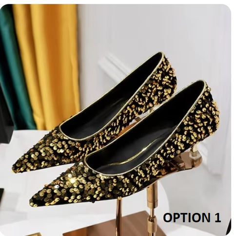 New Sequins Pumps Sexy Pointed Toe kitten Mule Tacones Mujer Heels CODE: KAR3258