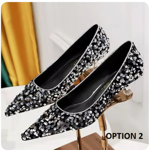 New Sequins Pumps Sexy Pointed Toe kitten Mule Tacones Mujer Heels CODE: KAR3258