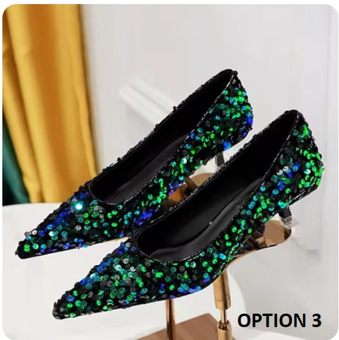 New Sequins Pumps Sexy Pointed Toe kitten Mule Tacones Mujer Heels CODE: KAR3258