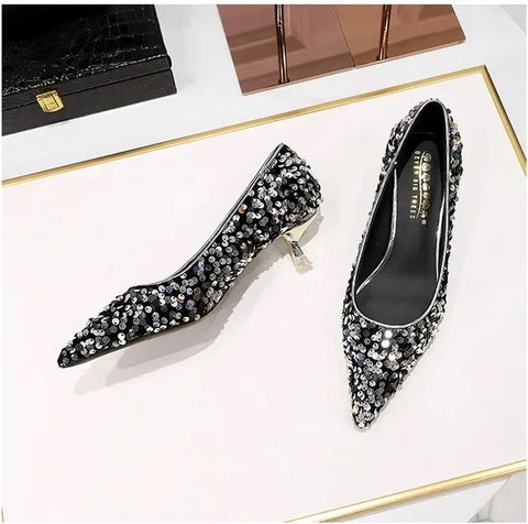 New Sequins Pumps Sexy Pointed Toe kitten Mule Tacones Mujer Heels CODE: KAR3258