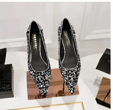 New Sequins Pumps Sexy Pointed Toe kitten Mule Tacones Mujer Heels CODE: KAR3258