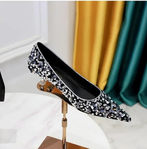 New Sequins Pumps Sexy Pointed Toe kitten Mule Tacones Mujer Heels CODE: KAR3258