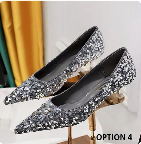 New Sequins Pumps Sexy Pointed Toe kitten Mule Tacones Mujer Heels CODE: KAR3258