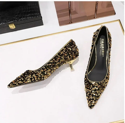 New Sequins Pumps Sexy Pointed Toe kitten Mule Tacones Mujer Heels CODE: KAR3258