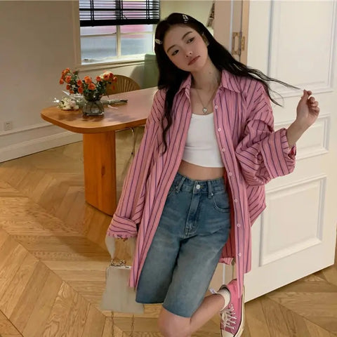 New Striped Long Sleeves Tunic Elegant Oversized Spring shirt CODE: KAR3262