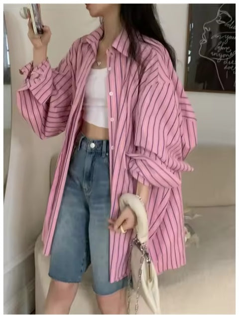 New Striped Long Sleeves Tunic Elegant Oversized Spring shirt CODE: KAR3262