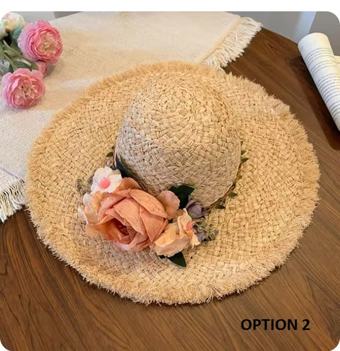 Summer Wide Brim Rose Flower Travel Fairy Flower Straw Panama Sombrero Hat CODE: KAR3264