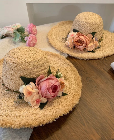 Summer Wide Brim Rose Flower Travel Fairy Flower Straw Panama Sombrero Hat CODE: KAR3264