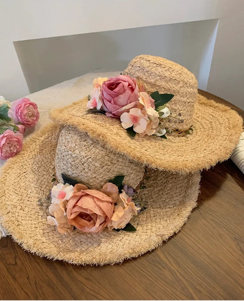 Summer Wide Brim Rose Flower Travel Fairy Flower Straw Panama Sombrero Hat CODE: KAR3264