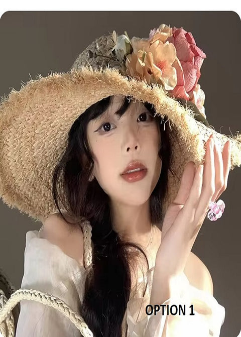 Summer Wide Brim Rose Flower Travel Fairy Flower Straw Panama Sombrero Hat CODE: KAR3264