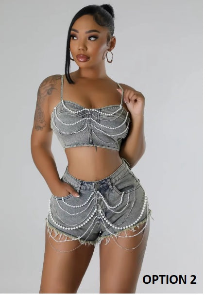 New Sexy Party Strapless Pearl Beading Top + shorts Street Casual 2 Piece Set CODE: KAR3267
