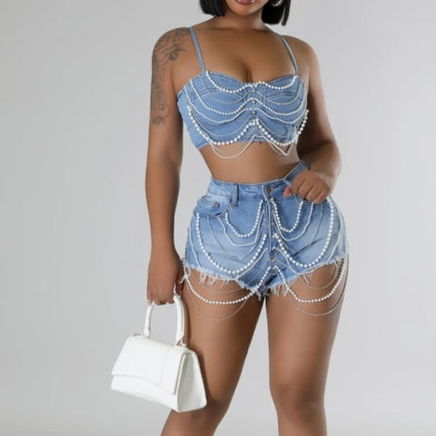 New Sexy Party Strapless Pearl Beading Top + shorts Street Casual 2 Piece Set CODE: KAR3267