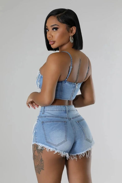 New Sexy Party Strapless Pearl Beading Top + shorts Street Casual 2 Piece Set CODE: KAR3267