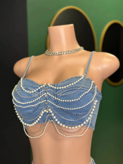 New Sexy Party Strapless Pearl Beading Top + shorts Street Casual 2 Piece Set CODE: KAR3267