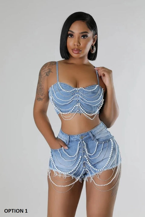 New Sexy Party Strapless Pearl Beading Top + shorts Street Casual 2 Piece Set CODE: KAR3267