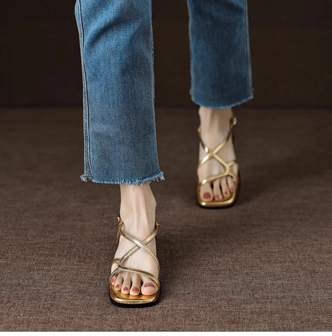 New Designer Cross-tied Gladiator Narrow Band Low Heels Sandal CODE: KAR3269