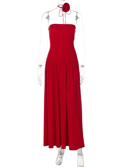 Summer Elegant Strapless Solid Tie Flower Scarf Draped Sexy Bodycon Midi Dress CODE: KAR3274