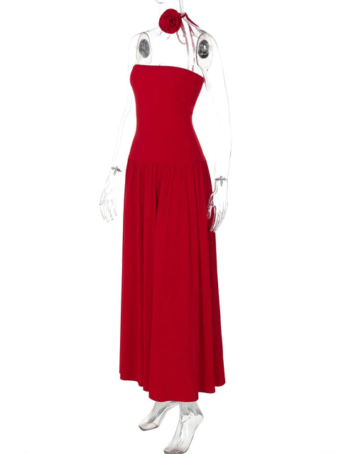 Summer Elegant Strapless Solid Tie Flower Scarf Draped Sexy Bodycon Midi Dress CODE: KAR3274