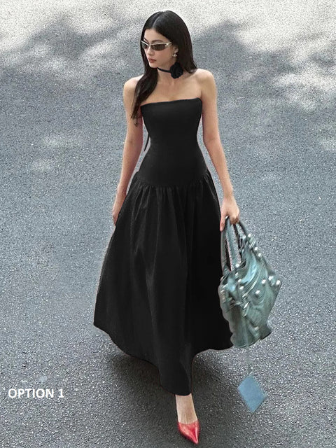 Summer Elegant Strapless Solid Tie Flower Scarf Draped Sexy Bodycon Midi Dress CODE: KAR3274