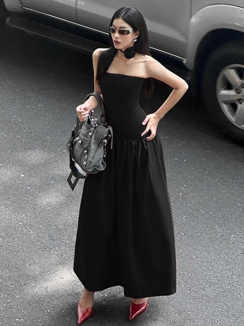 Summer Elegant Strapless Solid Tie Flower Scarf Draped Sexy Bodycon Midi Dress CODE: KAR3274