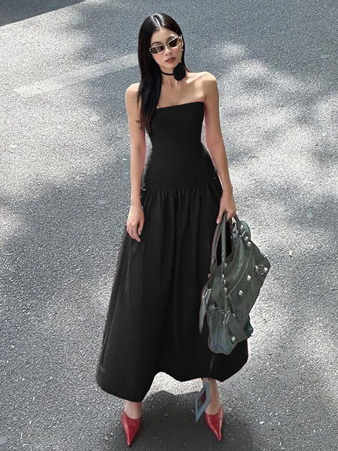 Summer Elegant Strapless Solid Tie Flower Scarf Draped Sexy Bodycon Midi Dress CODE: KAR3274