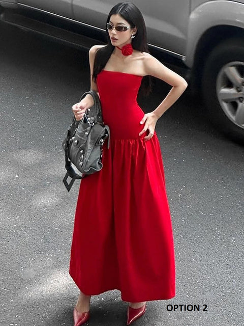 Summer Elegant Strapless Solid Tie Flower Scarf Draped Sexy Bodycon Midi Dress CODE: KAR3274