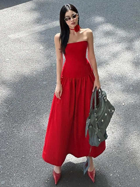 Summer Elegant Strapless Solid Tie Flower Scarf Draped Sexy Bodycon Midi Dress CODE: KAR3274
