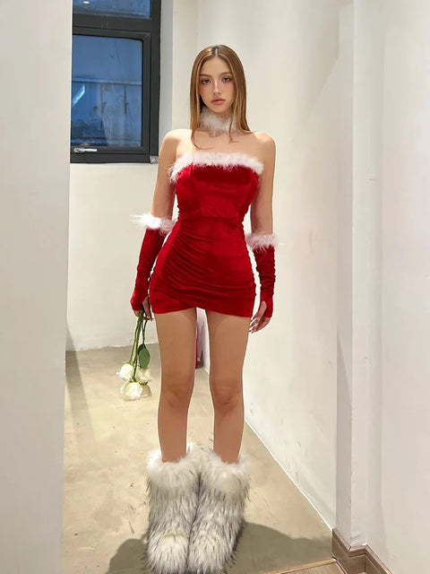 New Sexy Fur Edge Bra Strapless Autumn Winter Wrap Hip Ruched  Mini Dress CODE: KAR3275