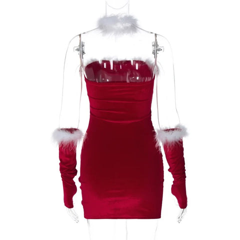 New Sexy Fur Edge Bra Strapless Autumn Winter Wrap Hip Ruched  Mini Dress CODE: KAR3275