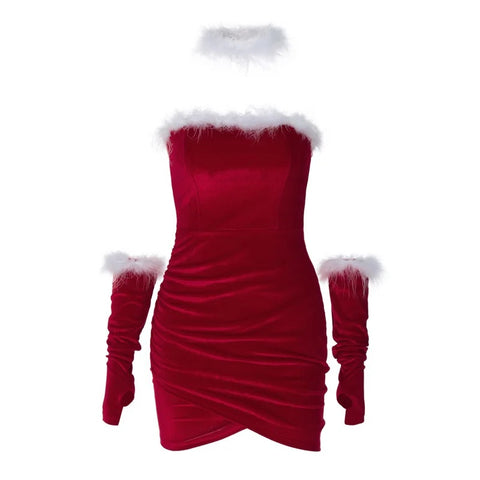 New Sexy Fur Edge Bra Strapless Autumn Winter Wrap Hip Ruched  Mini Dress CODE: KAR3275