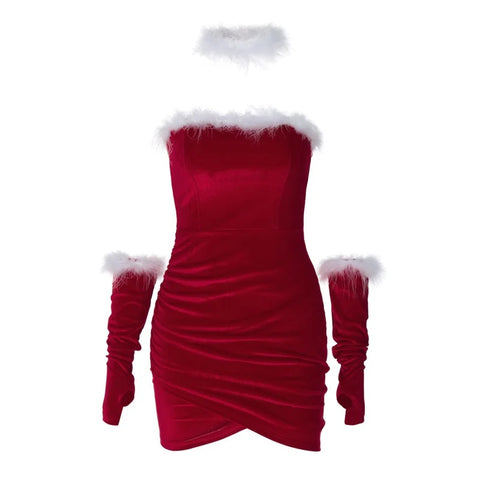 New Sexy Fur Edge Bra Strapless Autumn Winter Wrap Hip Ruched  Mini Dress CODE: KAR3275