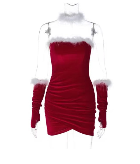 New Sexy Fur Edge Bra Strapless Autumn Winter Wrap Hip Ruched  Mini Dress CODE: KAR3275