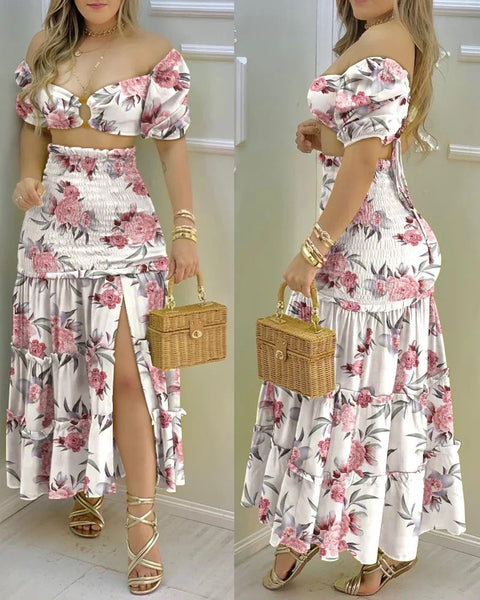 New Floral Print O Neck Crop Top +Slit High Waist Maxi Skirt Set CODE: KAR3277