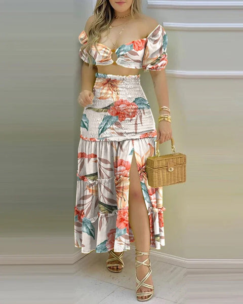 New Floral Print O Neck Crop Top +Slit High Waist Maxi Skirt Set CODE: KAR3277