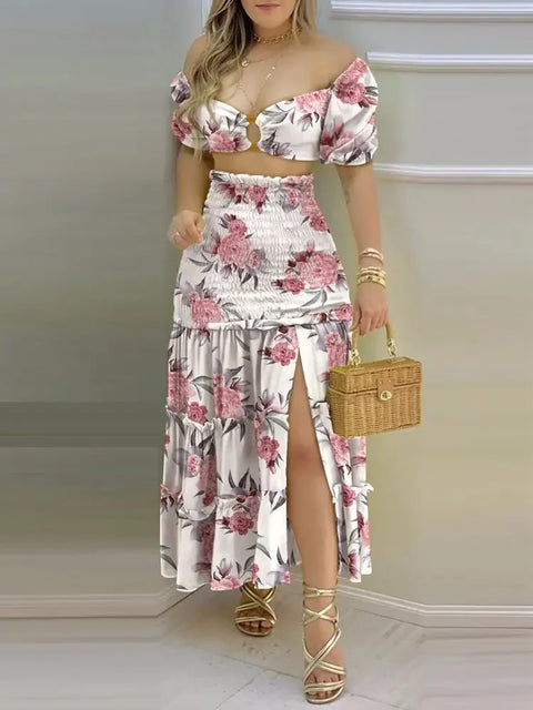New Floral Print O Neck Crop Top +Slit High Waist Maxi Skirt Set CODE: KAR3277