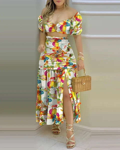New Floral Print O Neck Crop Top +Slit High Waist Maxi Skirt Set CODE: KAR3277