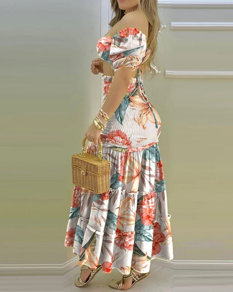 New Floral Print O Neck Crop Top +Slit High Waist Maxi Skirt Set CODE: KAR3277