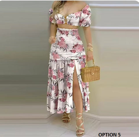 New Floral Print O Neck Crop Top +Slit High Waist Maxi Skirt Set CODE: KAR3277