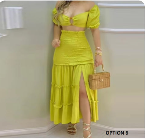 New Floral Print O Neck Crop Top +Slit High Waist Maxi Skirt Set CODE: KAR3277