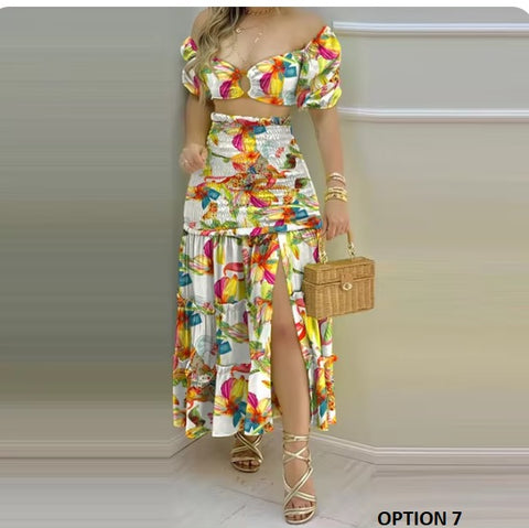 New Floral Print O Neck Crop Top +Slit High Waist Maxi Skirt Set CODE: KAR3277