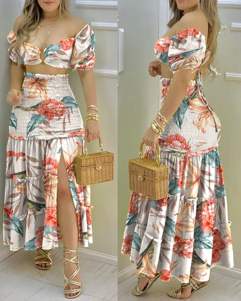 New Floral Print O Neck Crop Top +Slit High Waist Maxi Skirt Set CODE: KAR3277
