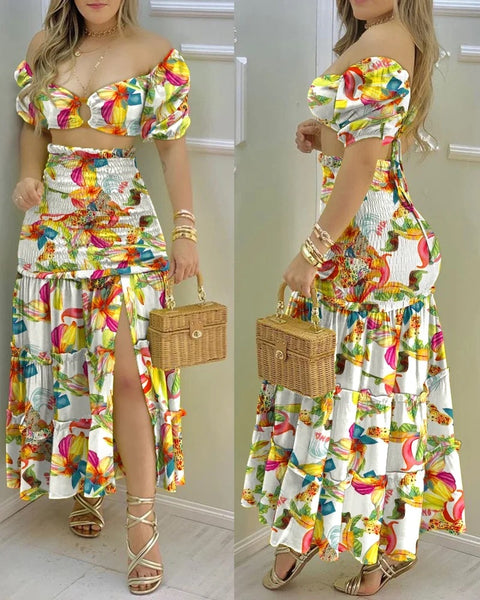 New Floral Print O Neck Crop Top +Slit High Waist Maxi Skirt Set CODE: KAR3277