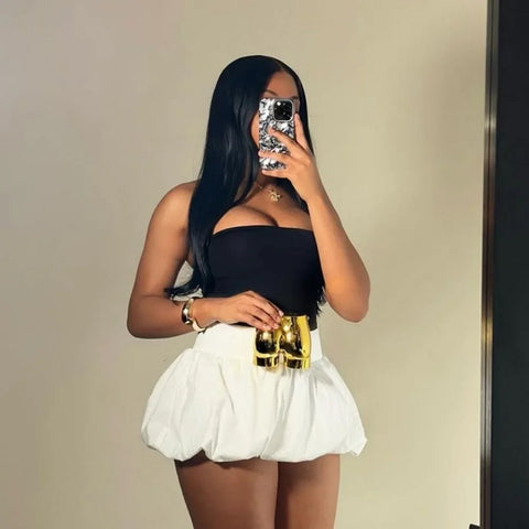 New Off Shoulder Sleeveless Backless Tube And Puff Mini Skirt Two Piece Set CODE: KAR3280