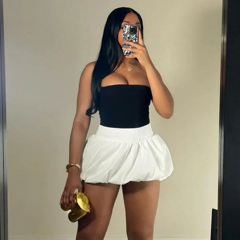 New Off Shoulder Sleeveless Backless Tube And Puff Mini Skirt Two Piece Set CODE: KAR3280