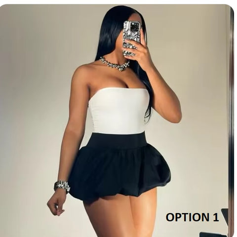 New Off Shoulder Sleeveless Backless Tube And Puff Mini Skirt Two Piece Set CODE: KAR3280